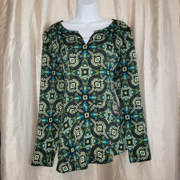 NWT Limited green teal & black tiled Mykonos blouse top Womens Large - Picture 4 of 6